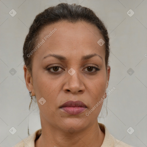 Joyful black adult female with short  brown hair and brown eyes
