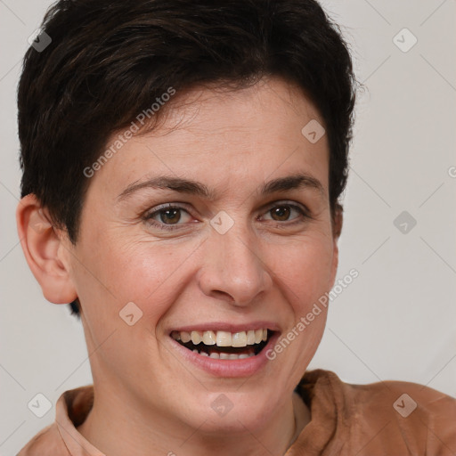 Joyful white young-adult female with short  brown hair and brown eyes