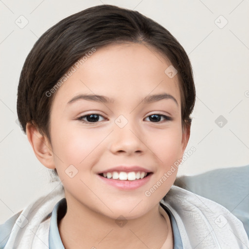 Joyful white child female with short  brown hair and brown eyes