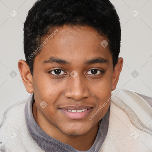 Joyful black young-adult male with short  brown hair and brown eyes