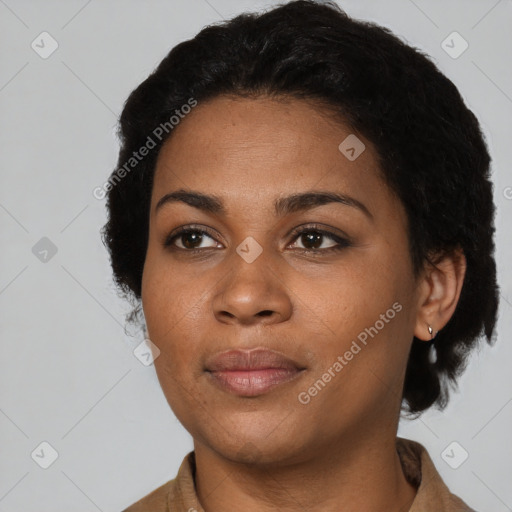 Neutral black young-adult female with short  black hair and brown eyes