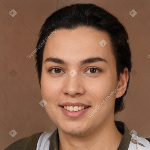 Joyful white young-adult female with medium  brown hair and brown eyes