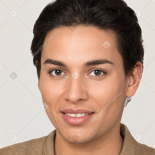 Joyful white young-adult female with short  brown hair and brown eyes