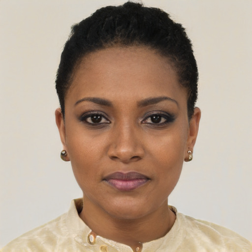 Joyful black young-adult female with short  black hair and brown eyes