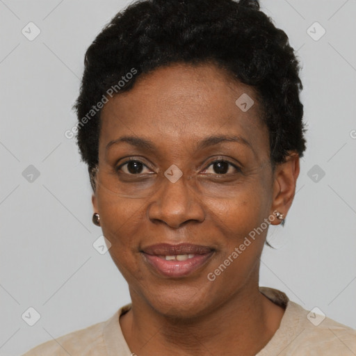 Joyful black adult female with short  black hair and brown eyes