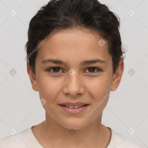 Joyful white child female with short  brown hair and brown eyes