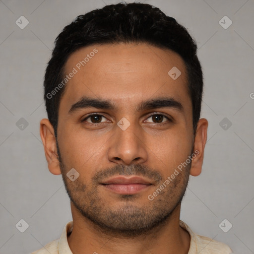 Neutral latino young-adult male with short  black hair and brown eyes