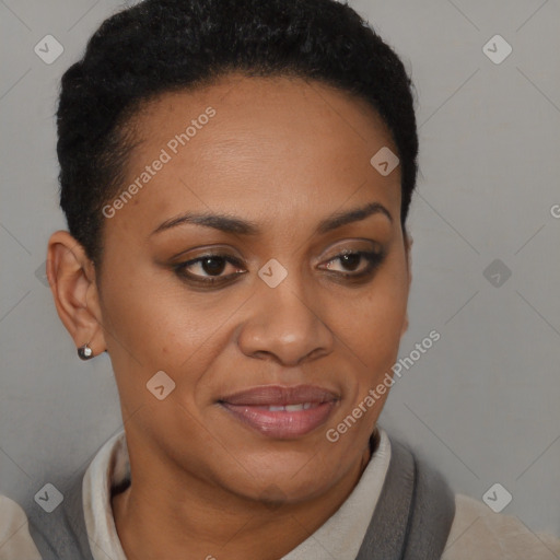 Joyful black young-adult female with short  brown hair and brown eyes