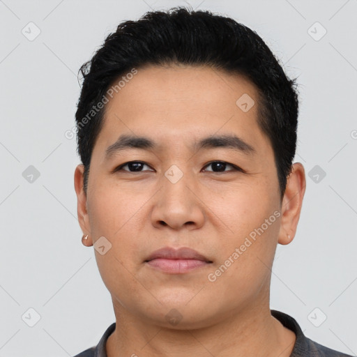 Neutral asian young-adult male with short  black hair and brown eyes