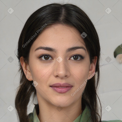 Joyful latino young-adult female with medium  brown hair and brown eyes