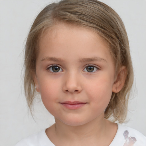 Neutral white child female with medium  brown hair and blue eyes