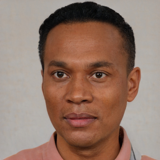 Neutral black adult male with short  black hair and brown eyes