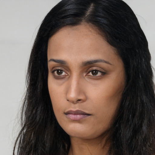 Neutral asian young-adult female with long  black hair and brown eyes
