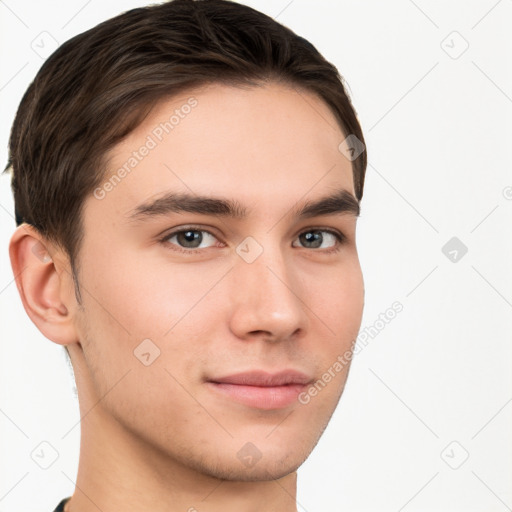 Neutral white young-adult male with short  brown hair and brown eyes