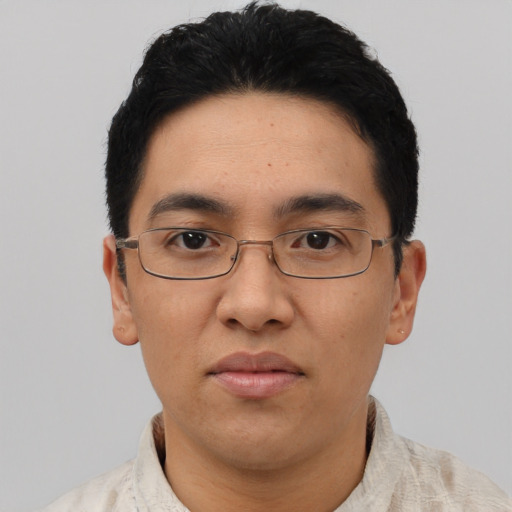 Neutral asian young-adult male with short  black hair and brown eyes