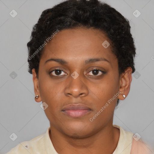 Neutral black young-adult female with short  brown hair and brown eyes