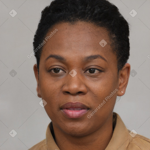 Joyful black young-adult female with short  black hair and brown eyes