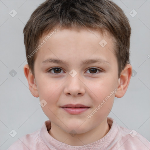 Joyful white child male with short  brown hair and brown eyes