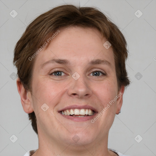 Joyful white young-adult female with short  brown hair and grey eyes