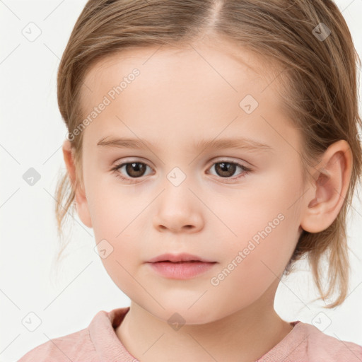 Neutral white child female with medium  brown hair and grey eyes