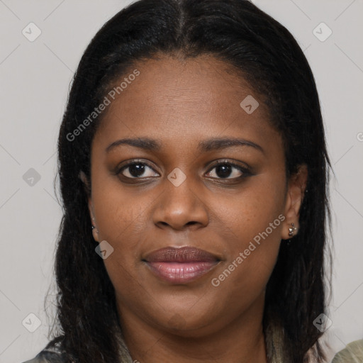 Joyful black young-adult female with medium  brown hair and brown eyes