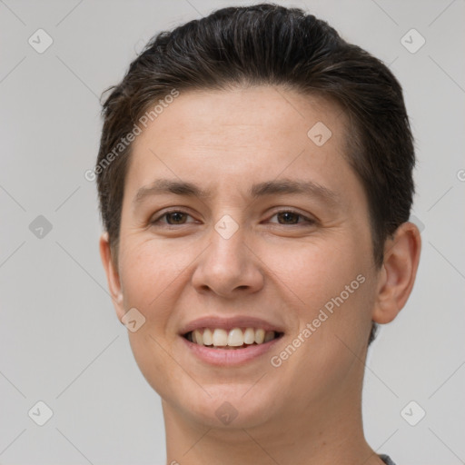 Joyful white young-adult female with short  brown hair and brown eyes