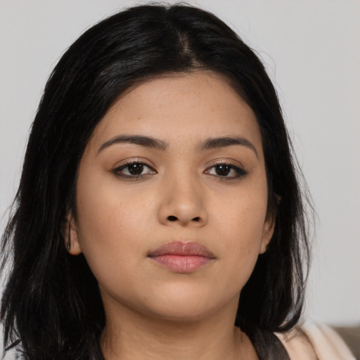 Neutral asian young-adult female with long  black hair and brown eyes