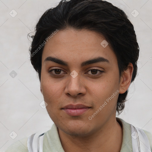 Joyful latino young-adult female with short  brown hair and brown eyes