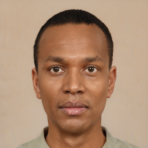 Neutral black young-adult male with short  black hair and brown eyes