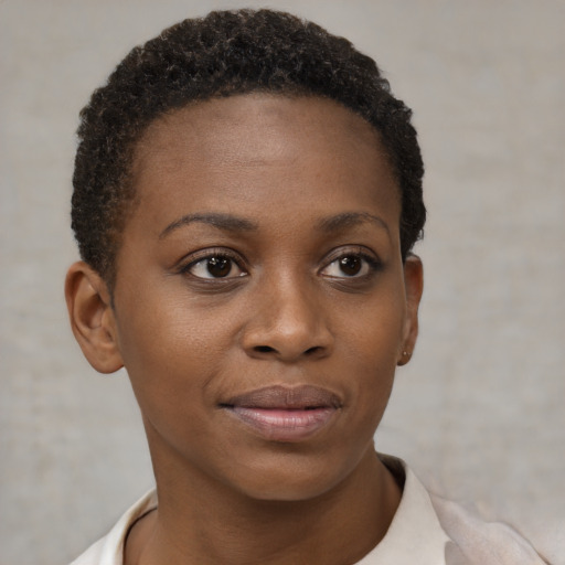 Neutral black young-adult female with short  brown hair and brown eyes