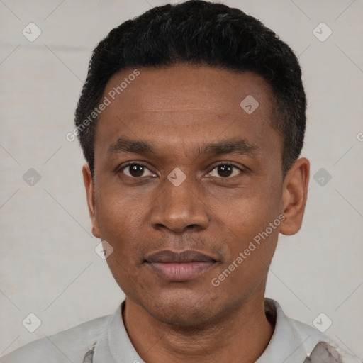 Neutral black young-adult male with short  black hair and brown eyes