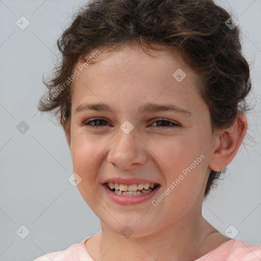 Joyful white child female with short  brown hair and brown eyes