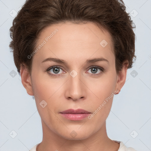 Neutral white young-adult female with short  brown hair and brown eyes