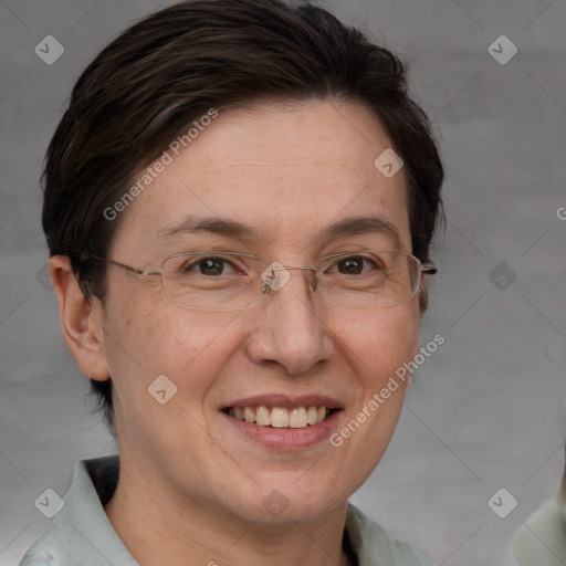 Joyful white adult female with short  brown hair and brown eyes