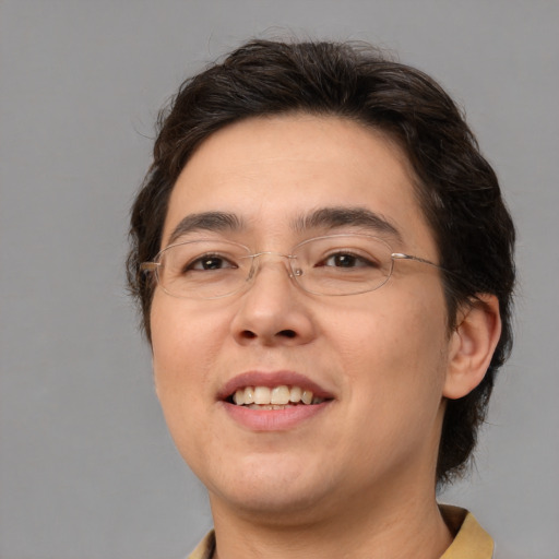 Joyful white young-adult male with medium  brown hair and brown eyes