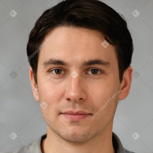 Neutral white young-adult male with short  brown hair and brown eyes