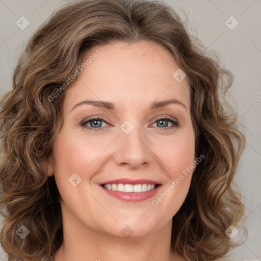 Joyful white young-adult female with medium  brown hair and green eyes