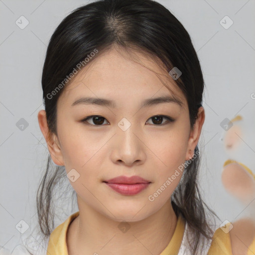 Neutral asian young-adult female with medium  brown hair and brown eyes