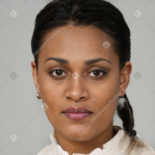 Joyful latino young-adult female with short  brown hair and brown eyes