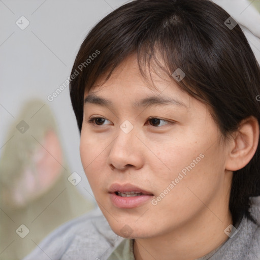 Neutral white young-adult female with medium  brown hair and brown eyes