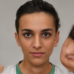 Neutral white young-adult female with short  brown hair and brown eyes