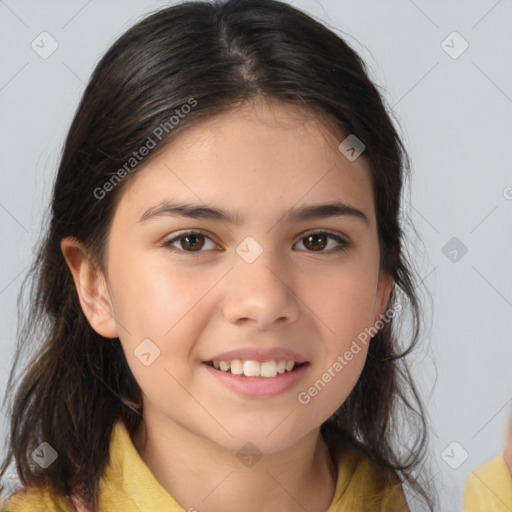 Joyful white child female with medium  brown hair and brown eyes