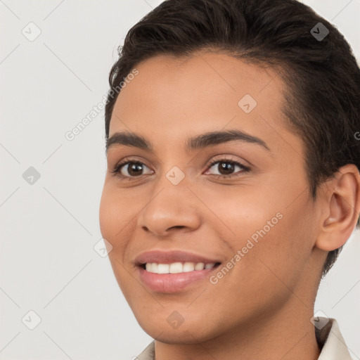 Joyful white young-adult female with short  brown hair and brown eyes