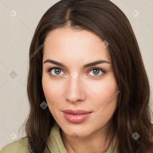 Neutral white young-adult female with medium  brown hair and brown eyes