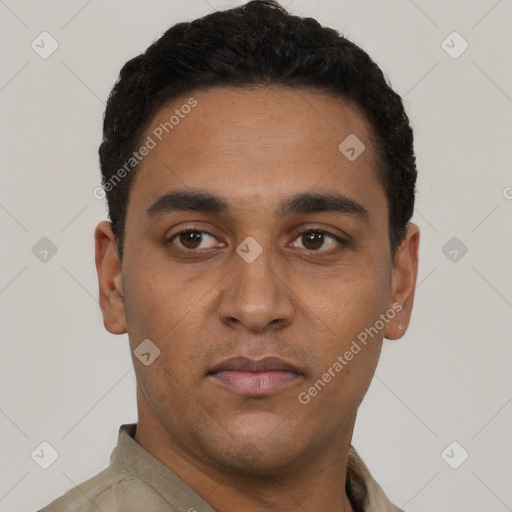 Neutral latino young-adult male with short  black hair and brown eyes