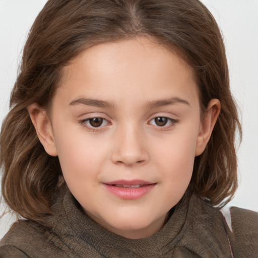 Joyful white child female with medium  brown hair and brown eyes