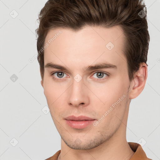 Neutral white young-adult male with short  brown hair and brown eyes