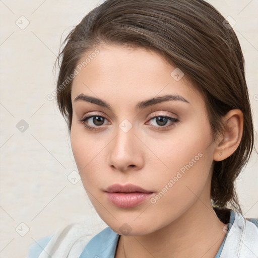 Neutral white young-adult female with medium  brown hair and brown eyes