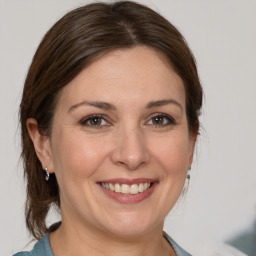 Joyful white adult female with medium  brown hair and brown eyes