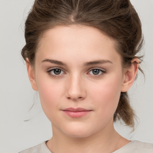 Neutral white young-adult female with medium  brown hair and brown eyes